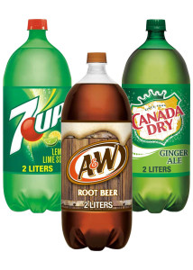 2 Liter  7UP, A&W Rootbeer, Canada Dry